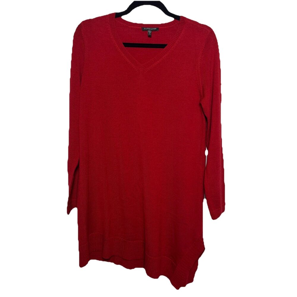 Eileen Fisher SZ PM sweater dress/top Red Asymmetrical Hem ITALIAN YARN luxury
